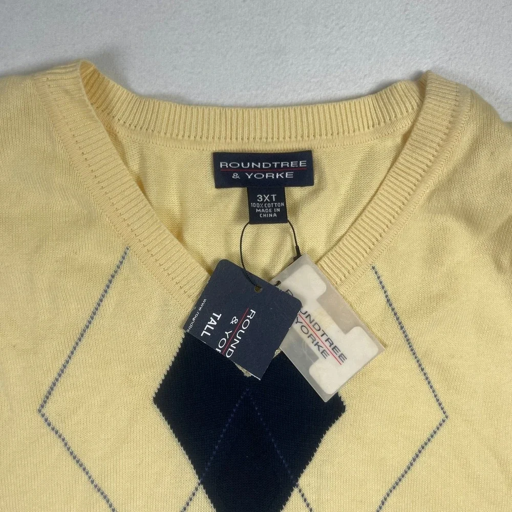 Roundtree & Yorke Sweater Men's 3XT Yellow Argyle‎ Pattern Knit V-Neck Pullover